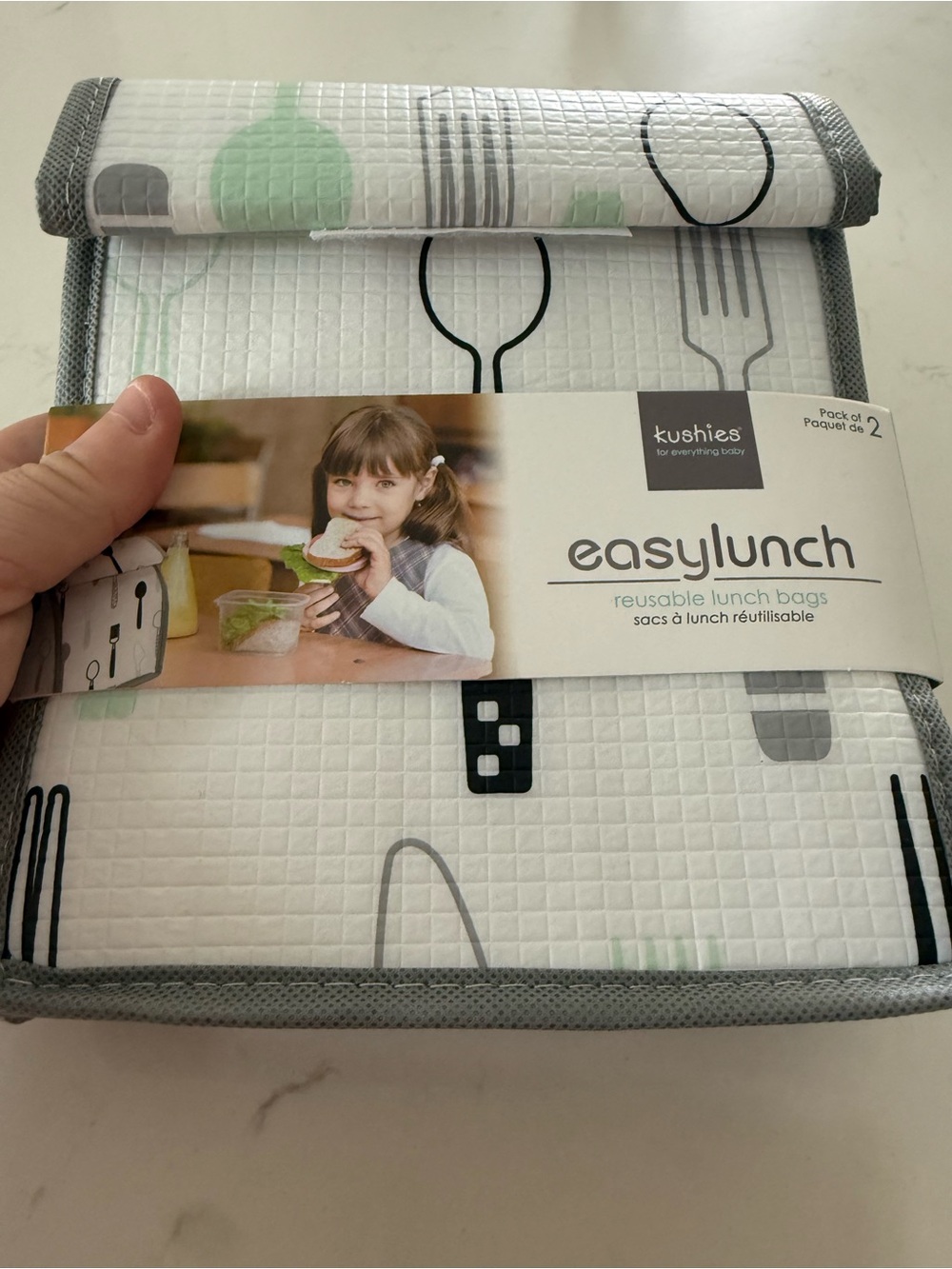 EasyLunch Reusable Lunch Bags - White & Gray (2 Pack)